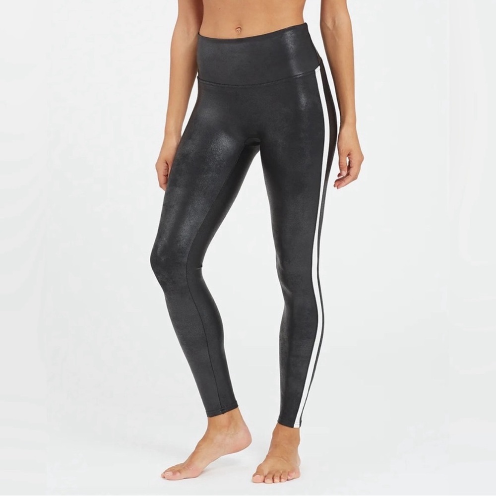 SPANX‎ Black White Side Stripe Faux Leather Shape Legging Pants Size 3X